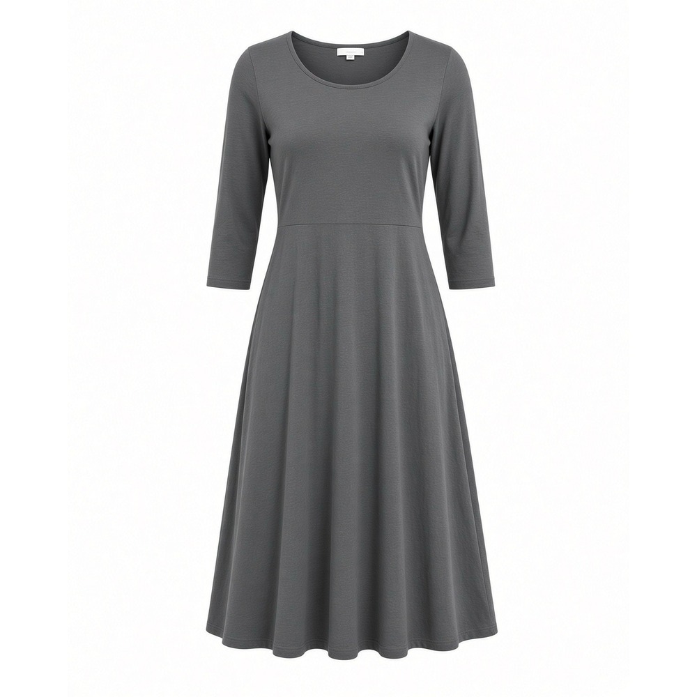Garnet Hill XS Charcoal Gray Scoop Neck 3/4 Sleeve A-Line Knit Midi Dress